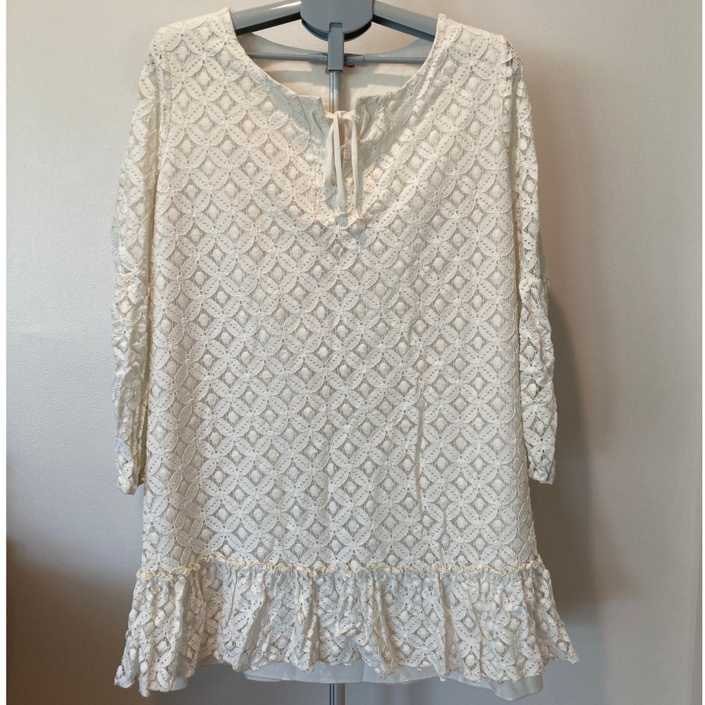 Gibson Latimer Knee-Length Ivory White Balloon Sleeved Lined Lace Eyelet Dress